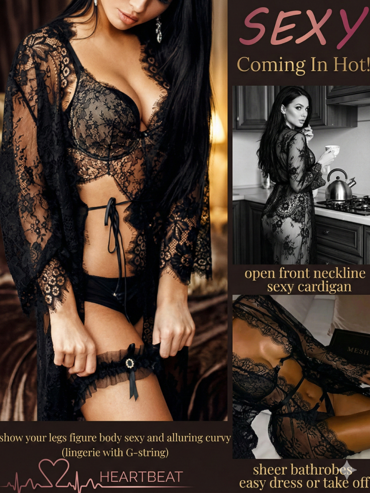 Sexig Spetsmocka Med Transparent Kimono F&ouml;r Kvinnor - Nattlinne Med &ouml;gonfransn&auml;t Och Babydoll-underkl&auml;der, R&ouml;d_8