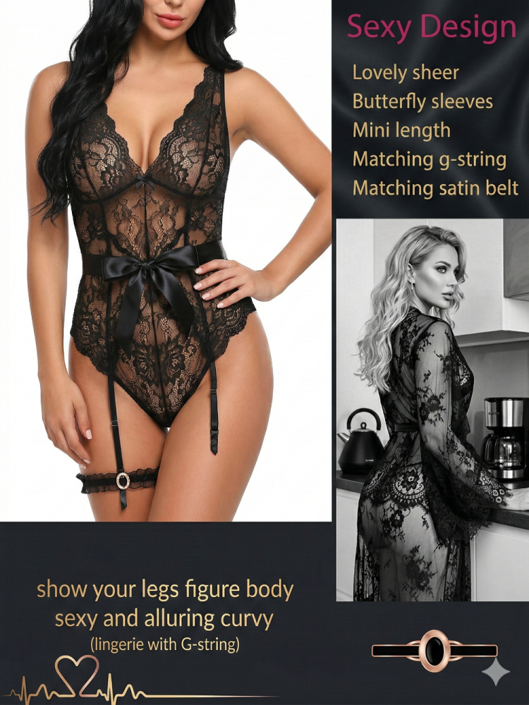 Sexig Spetsmocka Med Transparent Kimono F&ouml;r Kvinnor - Nattlinne Med &ouml;gonfransn&auml;t Och Babydoll-underkl&auml;der, R&ouml;d_9