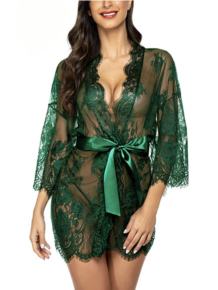 Women's Sexy Lace Robe Sheer Kimono - Eyelash Mesh Babydoll Lingerie Nightgown With Satin Belt Green_3