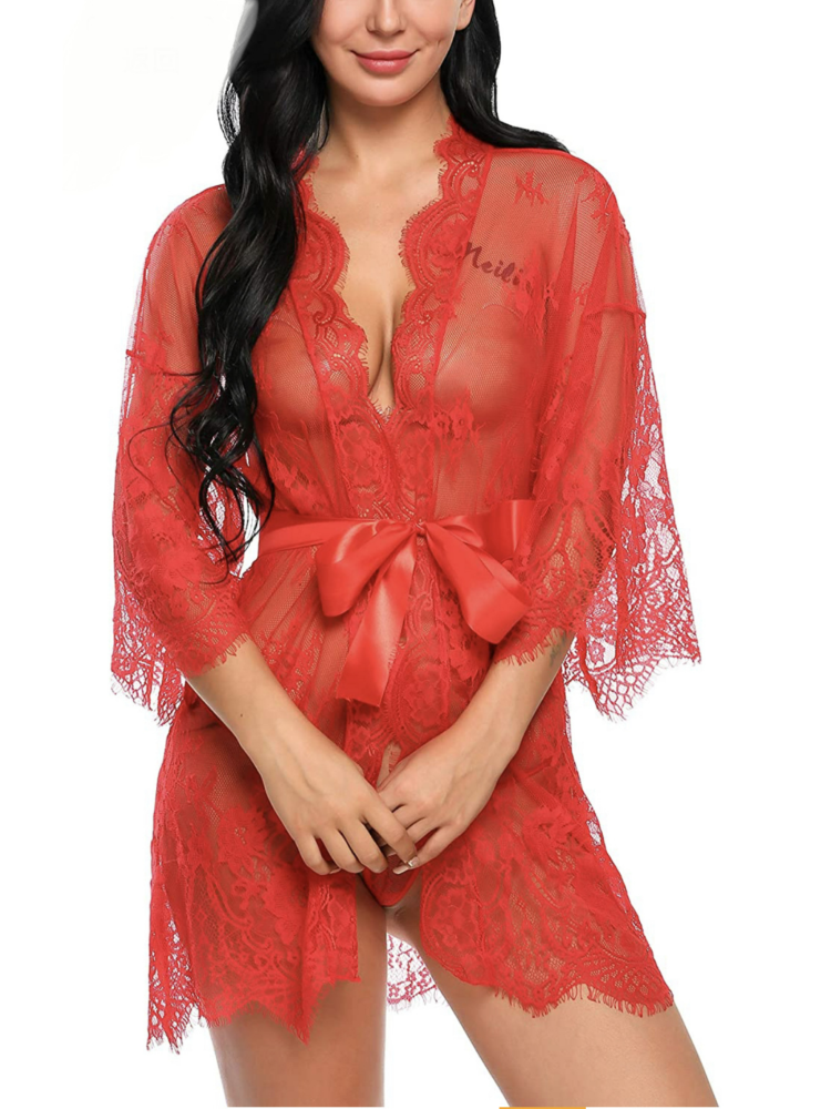 Sexig Spetsmocka Med Transparent Kimono F&ouml;r Kvinnor - Nattlinne Med &ouml;gonfransn&auml;t Och Babydoll-underkl&auml;der, R&ouml;d_5
