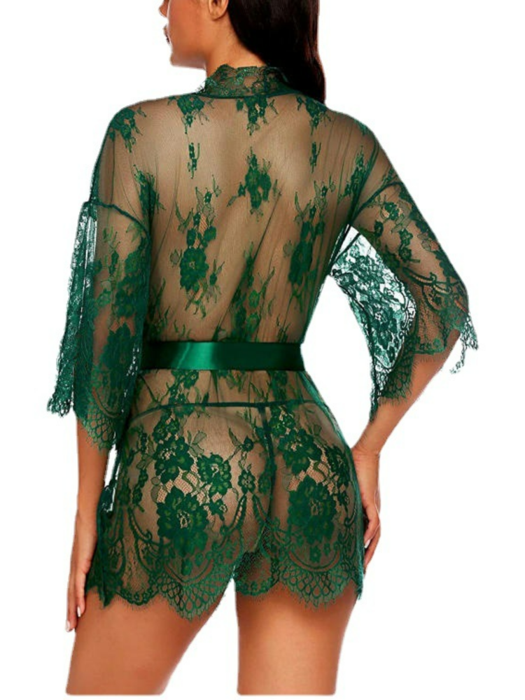 Women's Sexy Lace Robe Sheer Kimono - Eyelash Mesh Babydoll Lingerie Nightgown With Satin Belt Green_4