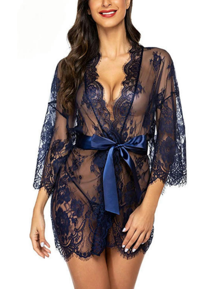Women's Sexy Lace Robe Sheer Kimono - Eyelash Mesh Babydoll Lingerie Nightgown With Satin Belt  Navy Blue_4