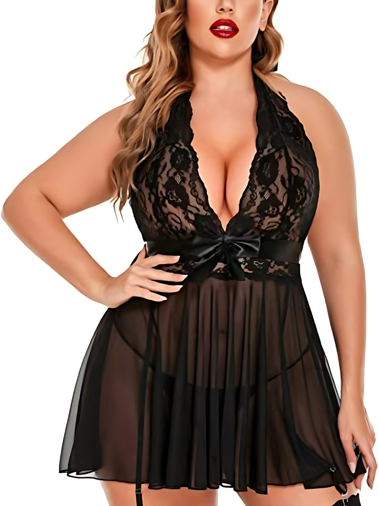 Damunderkl&auml;der Spets Babydoll Strap Chemise Halter Teddy V-ringad Mesh Nattlinne Svart_3