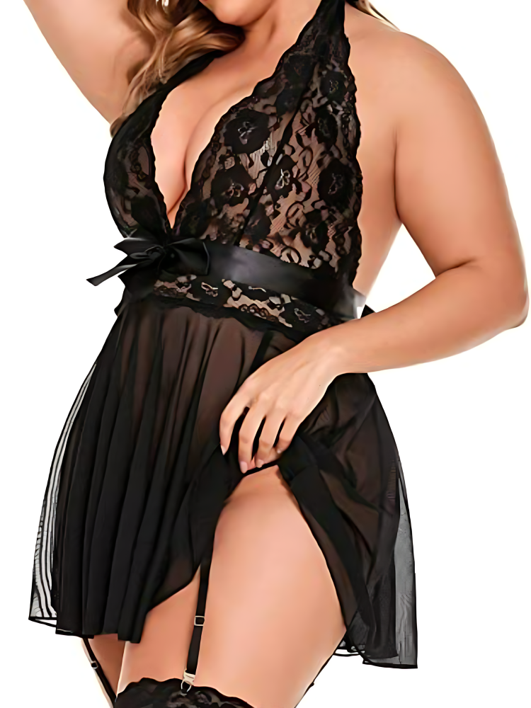 Damunderkl&auml;der Spets Babydoll Strap Chemise Halter Teddy V-ringad Mesh Nattlinne Svart_6