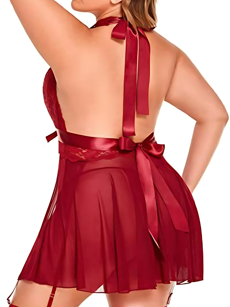 Damunderkl&auml;der Spets Babydoll Strap Chemise Halter Teddy V-ringad Mesh Nattlinne Vinr&ouml;d_5