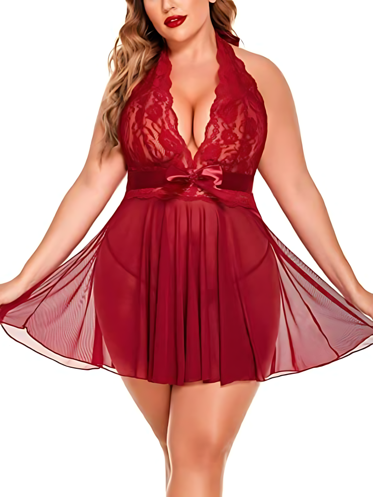 Damunderkl&auml;der Spets Babydoll Strap Chemise Halter Teddy V-ringad Mesh Nattlinne Vinr&ouml;d_4
