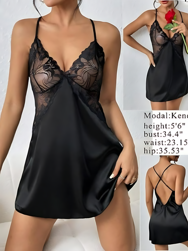 Damen-Dessous, Sexy Nachtw&auml;sche Mit V-Ausschnitt, Satin-Nachthemd, Spitzen-Chemise, Mini-Babydoll-Nachthemd, Schwarz_5