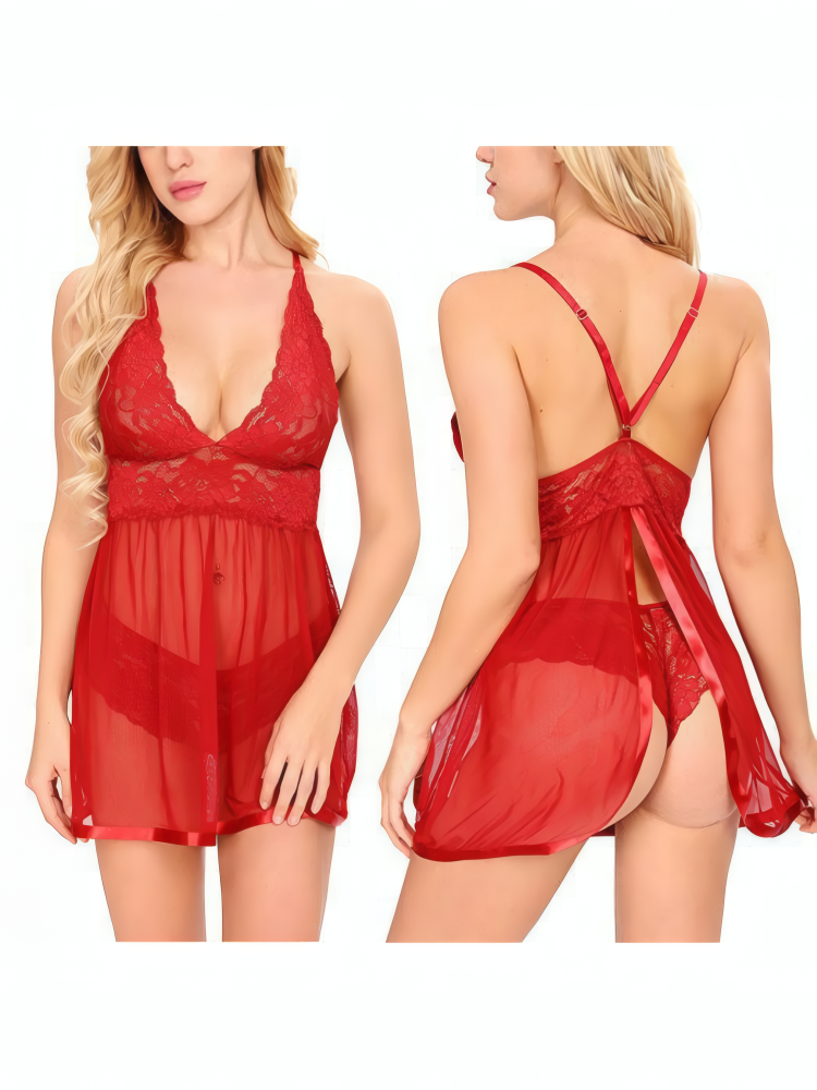 Women Lingerie Lace Babydoll Strap Chemise Halter Teddy V Neck Mesh Nightgown Red_3