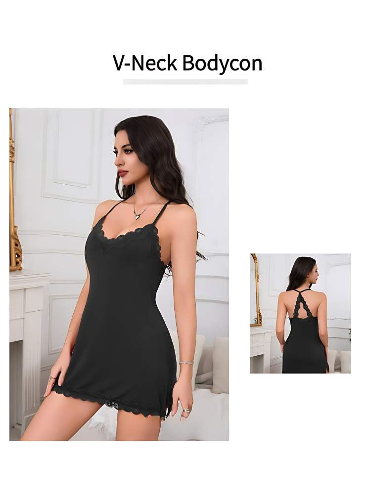 Womens Nightgown Sexy Lace Sleepwear V Neck Full Slip Chemise Lingerie Cotton Night Gowns Babydoll Sleepshirt Black_7