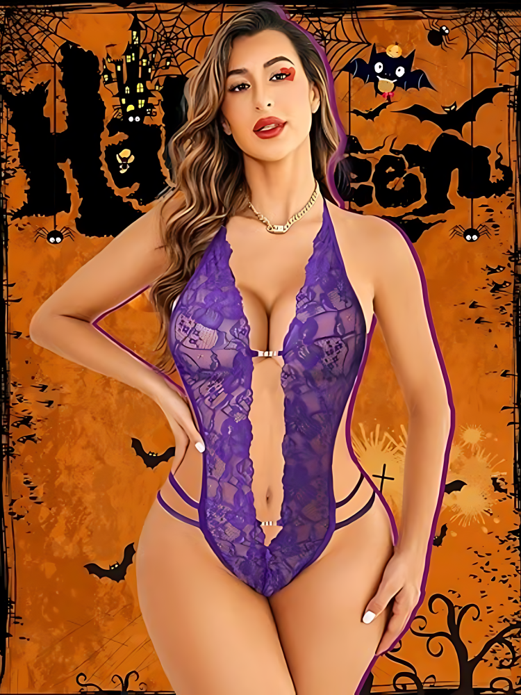 Women One Piece Lingerie Sexy Lace Bodysuit Deep V Teddy Babydoll Nightgown Purple_9