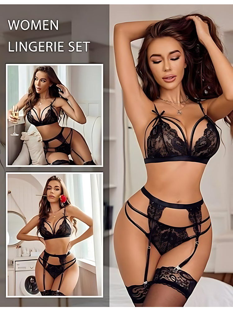 Women Lingerie Set Lace Teddy Strap Babydoll Bodysuit With Garter Belts Black_5